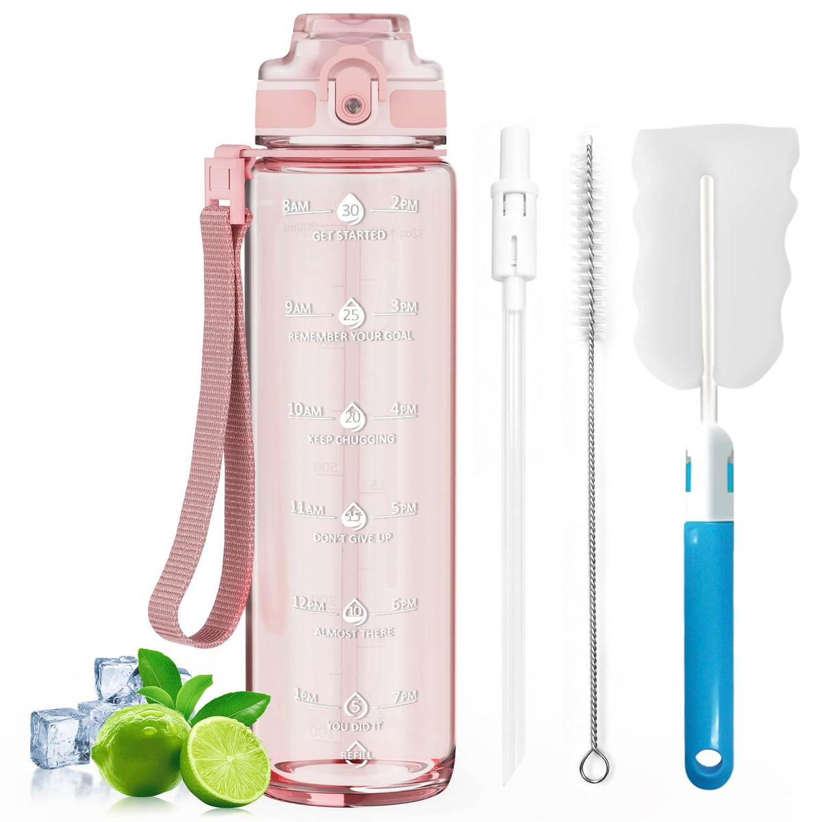 1L Water Bottle Made of BPA-Free Tritan Material, Sports Water Bottle with Removable Straw & Hydration Time Markerings, Ideal for Gym, Travel, Home, School and Outdoor Activities - Dusty-Blue