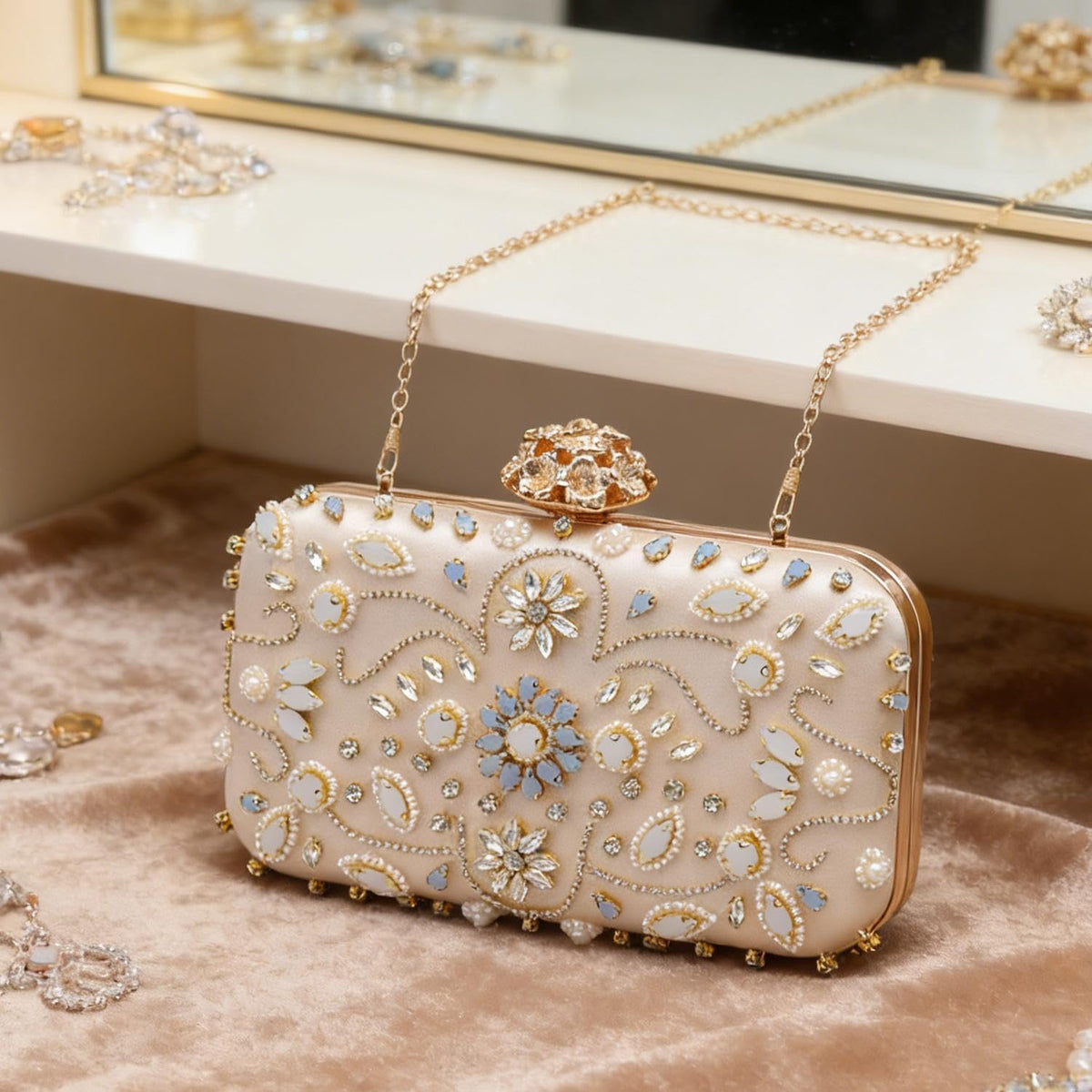Gold Color Hollow Out Style Women Evening Bags, Ladies Elegant Small Clutch Bag With Shoulder Chain Handbags Holder, 14 * 20cm