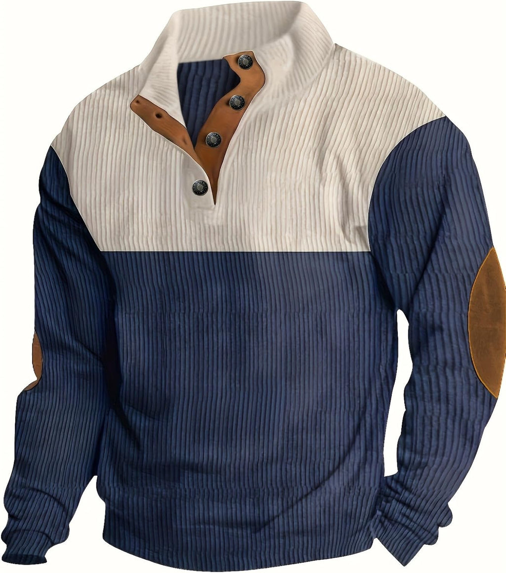 Retro Colorblock Knitted Ribbed Sweater, Neutral Tones,Men's Casual Warm Stand Collar Pullover Sweater for Fall Winter,Blue