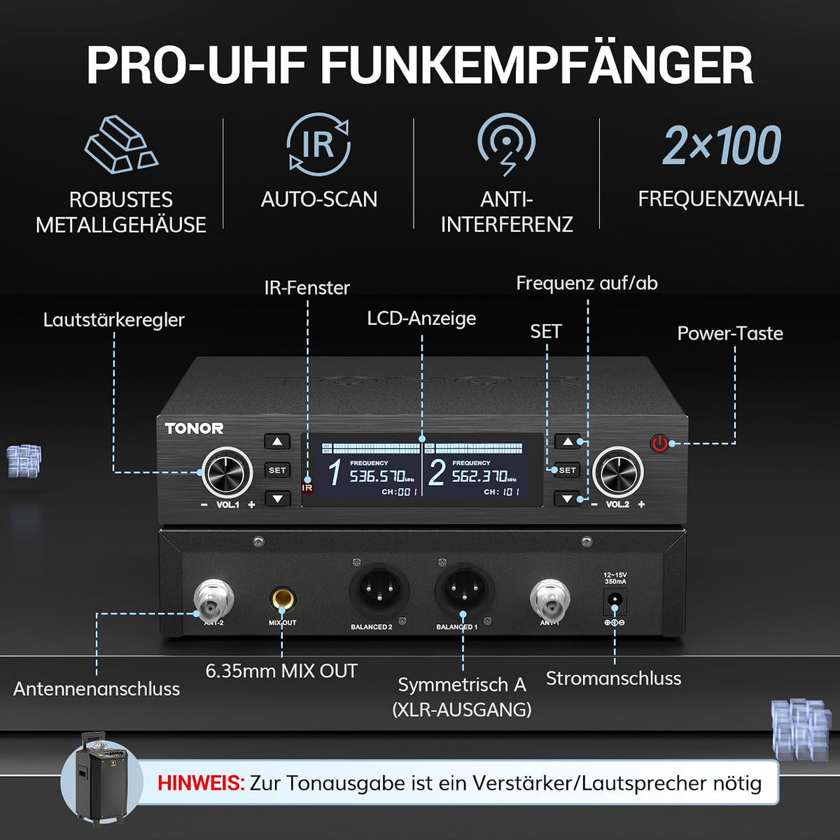 Wireless Microphone Set UHF Rechargeable 100m Auto Scan Dual TONOR Mics