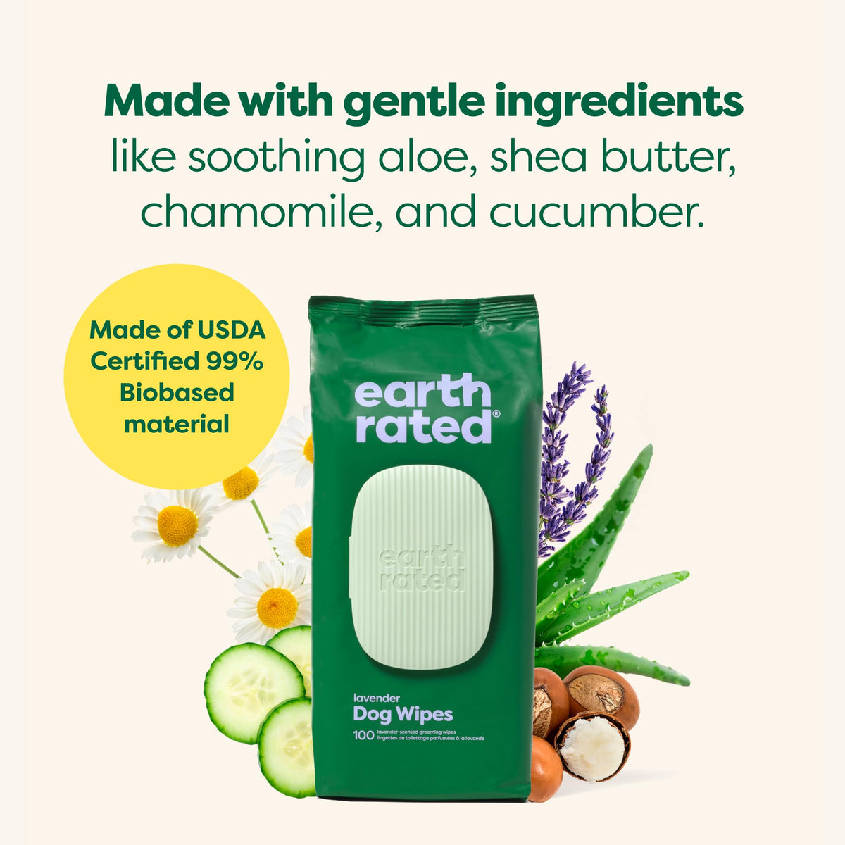 Earth Rated Dog Wipes, Hypoallergenic, Cleaning and Hydrating, for Grooming Paws, Body and Bums, Lavender Scented, 100 Count