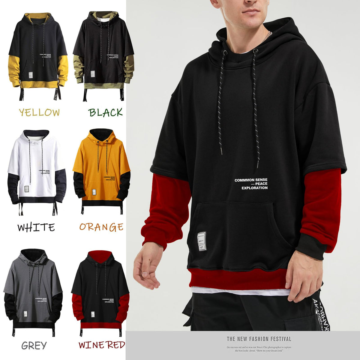 Moshtashio Men's Hoodie Colorblock Pullover Sweatshirt with Design Hip Hop