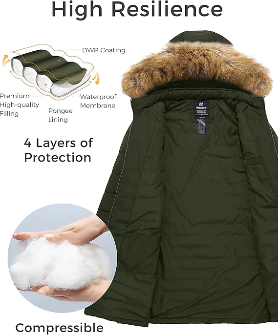 Wantdo Womens Long Puffer Coat Army Green XL XXL Waterproof Winter Jacket