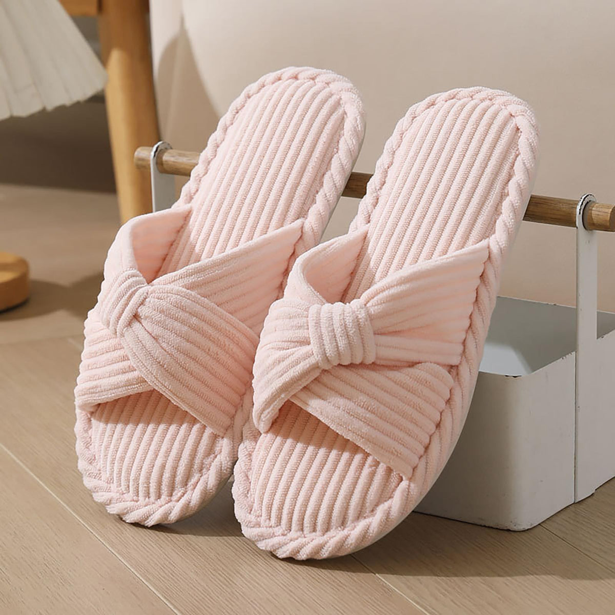 Comfortable Slippers for Women Winter Womens Slide Slipper Shoes Open Toe Corduroy Bow Crossbands for House Bedroom Indoor
