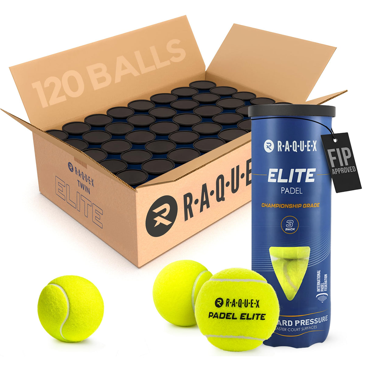 Raquex Elite Padel Balls - Standard or Pace - FIP Approved, 3 to 120 Balls