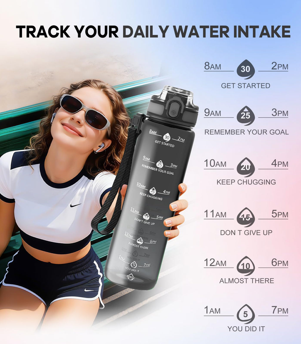 1L Water Bottle Made of BPA-Free Tritan Material, Sports Water Bottle with Removable Straw & Hydration Time Markerings, Ideal for Gym, Travel, Home, School and Outdoor Activities - Dusty-Blue