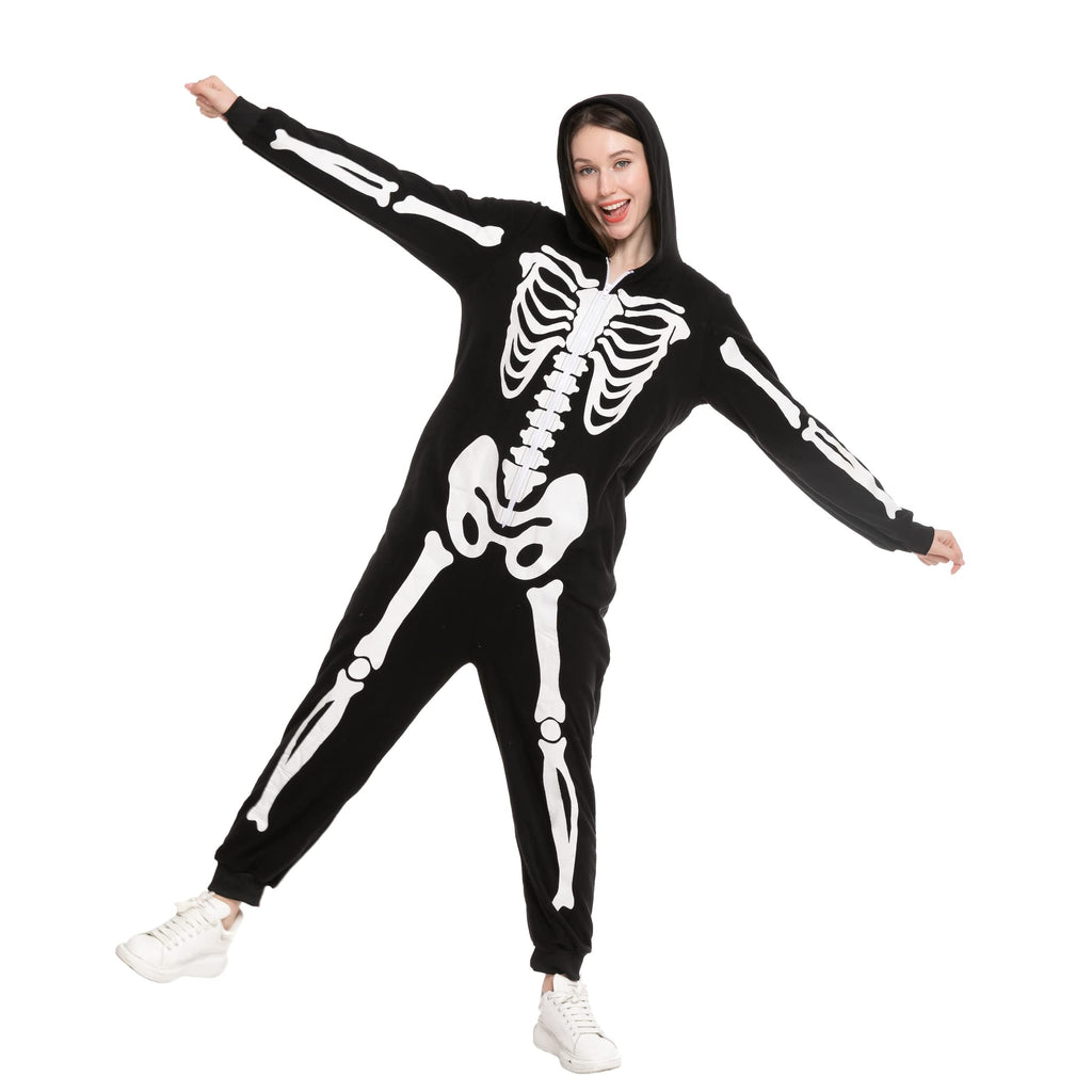 Spooktacular Creations Unisex Skeleton Jumpsuit - Plush Skeleton Zippered Halloween Hoody for Adult Sleepwear Costume