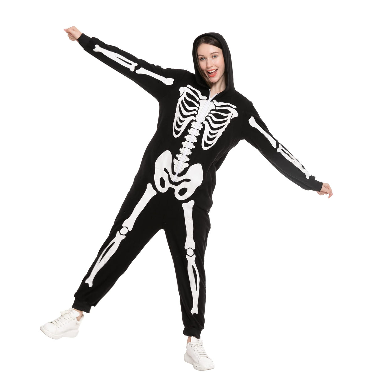 Spooktacular Creations Unisex Skeleton Jumpsuit - Plush Skeleton Zippered Halloween Hoody for Adult Sleepwear Costume