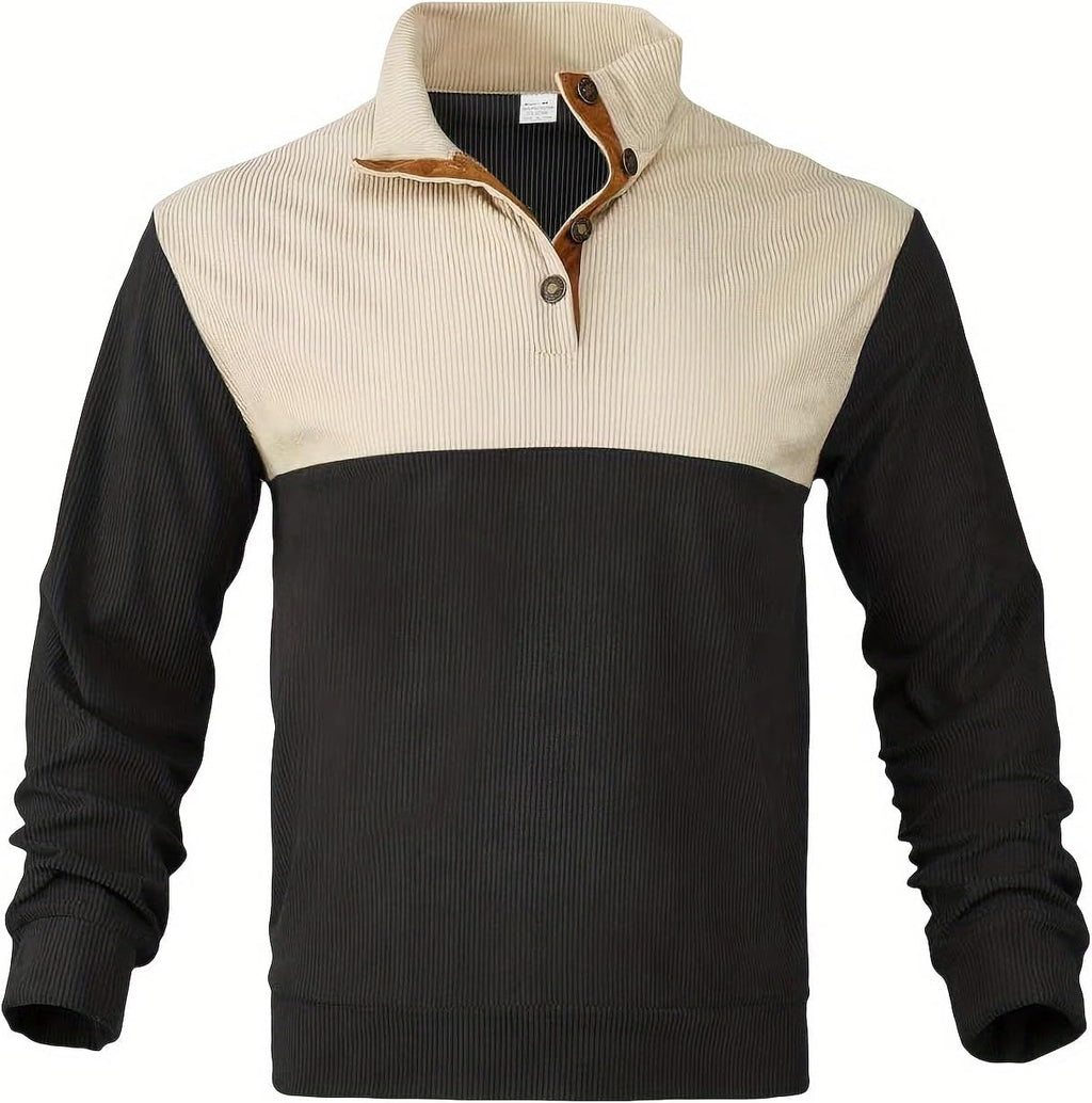 Retro Colorblock Knitted Ribbed Sweater, Neutral Tones,Men's Casual Warm Stand Collar Pullover Sweater for Fall Winter,Blue