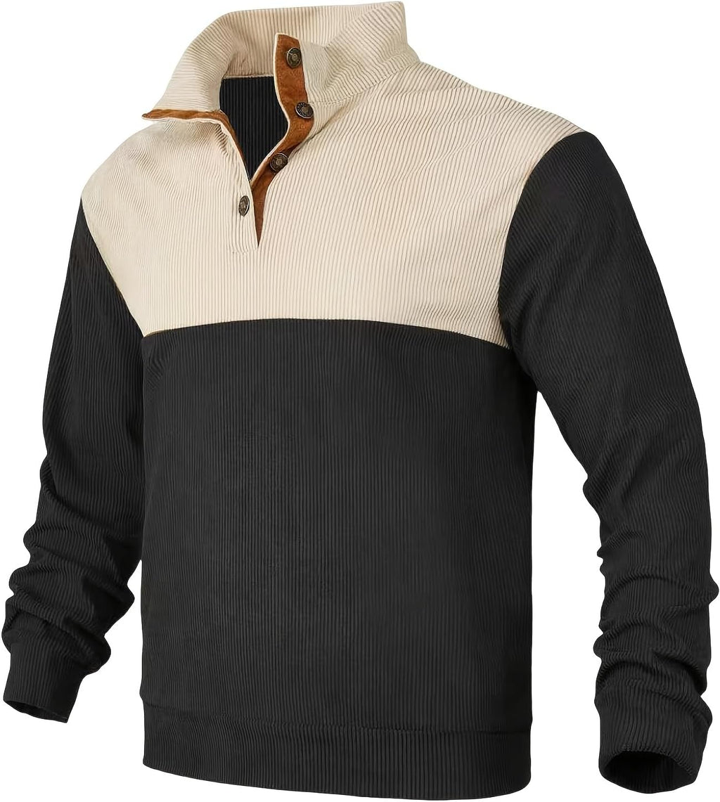 Retro Colorblock Knitted Ribbed Sweater, Neutral Tones,Men's Casual Warm Stand Collar Pullover Sweater for Fall Winter,Blue
