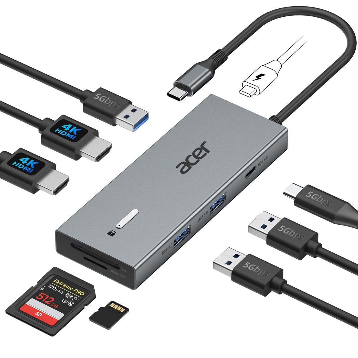 Acer 7IN1 USB C Hub, USB C to HDMI Adapter 4K@60Hz for Laptop, Mac