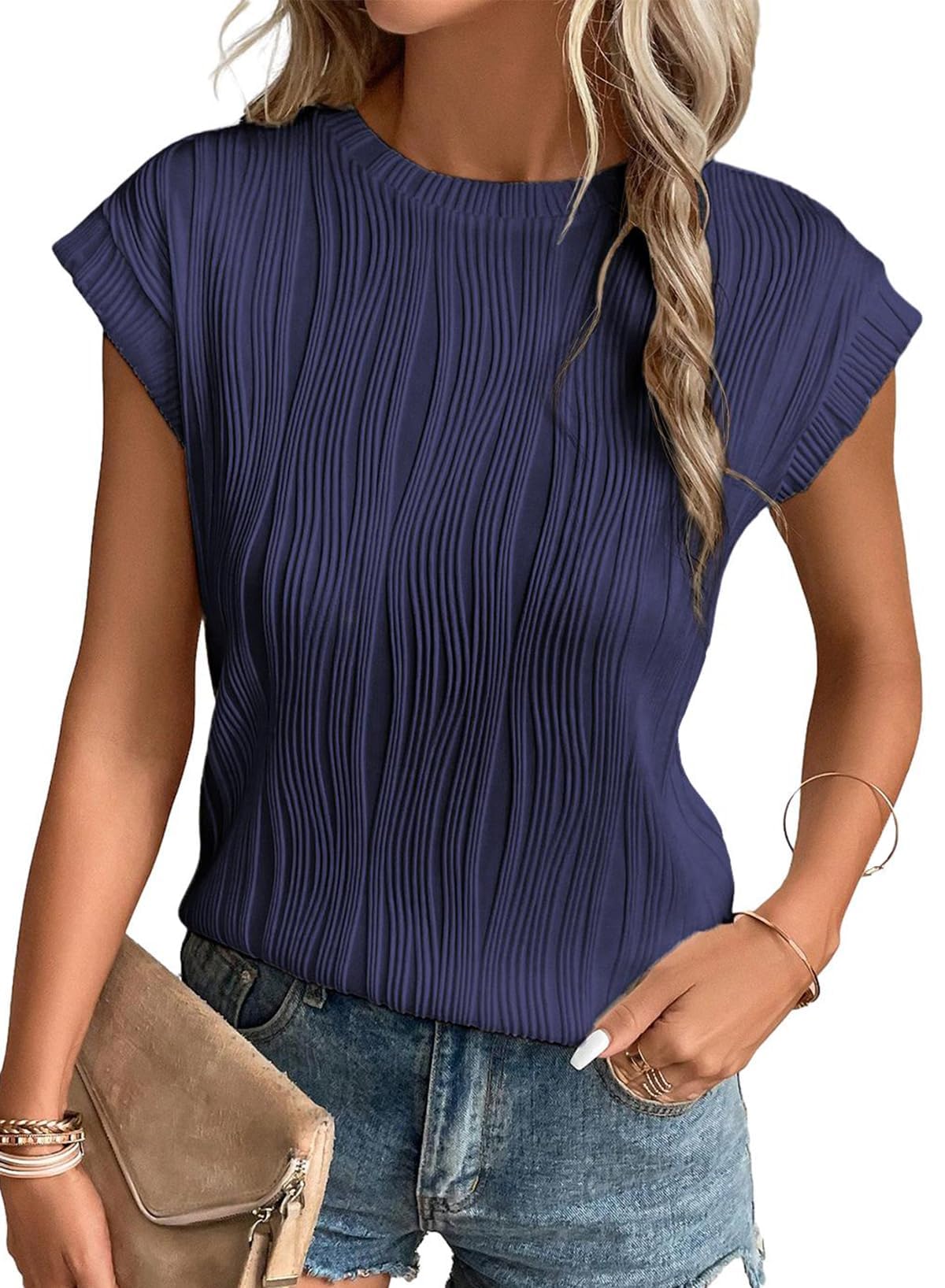 Gemulate Short Sleeve Tops Casual T Shirts Round Neck Blouse