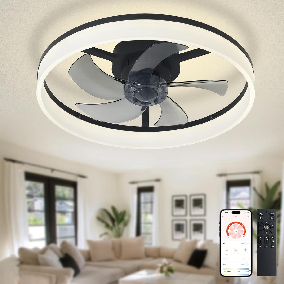 Ceiling Fan with Light 20 Inch LED Dimmable App Remote Black Depuley Bladeless