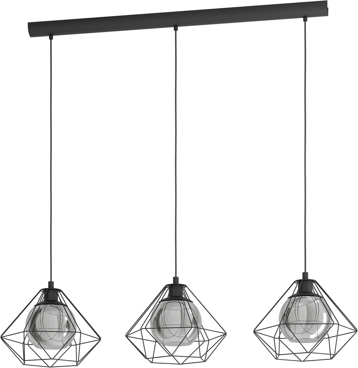 Pendant Light 3 Light Vintage Industrial Smoked Glass E27 Black Eglo Vernham