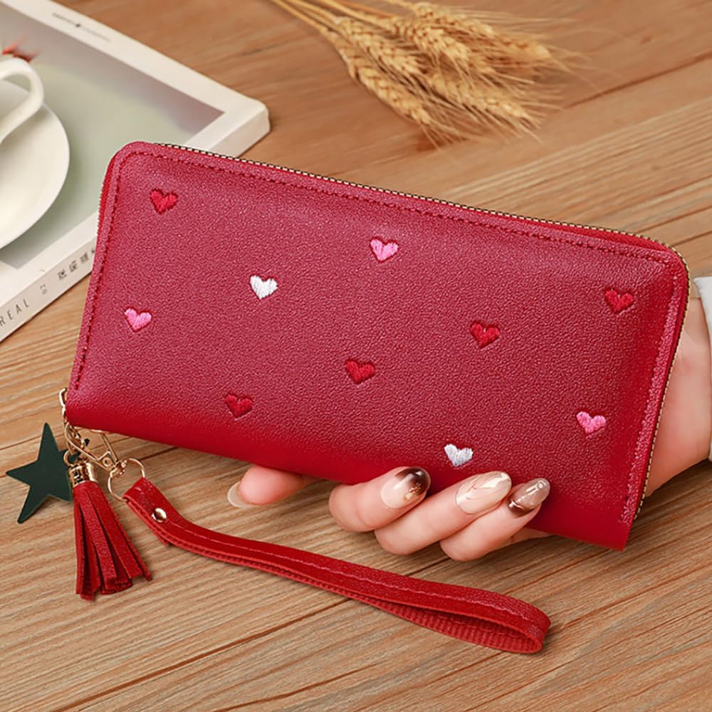 wallet for women rfid blocking large capacity long wallet for women multi card organizer clutch organizer for women, red, 4.3 x 0.4 x 3.1 inches