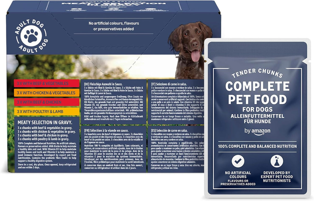 by Amazon Complete Wet Food for Adult Dogs, Meat Selection in Gravy, 4.8 kg (48 pouches of 100g)