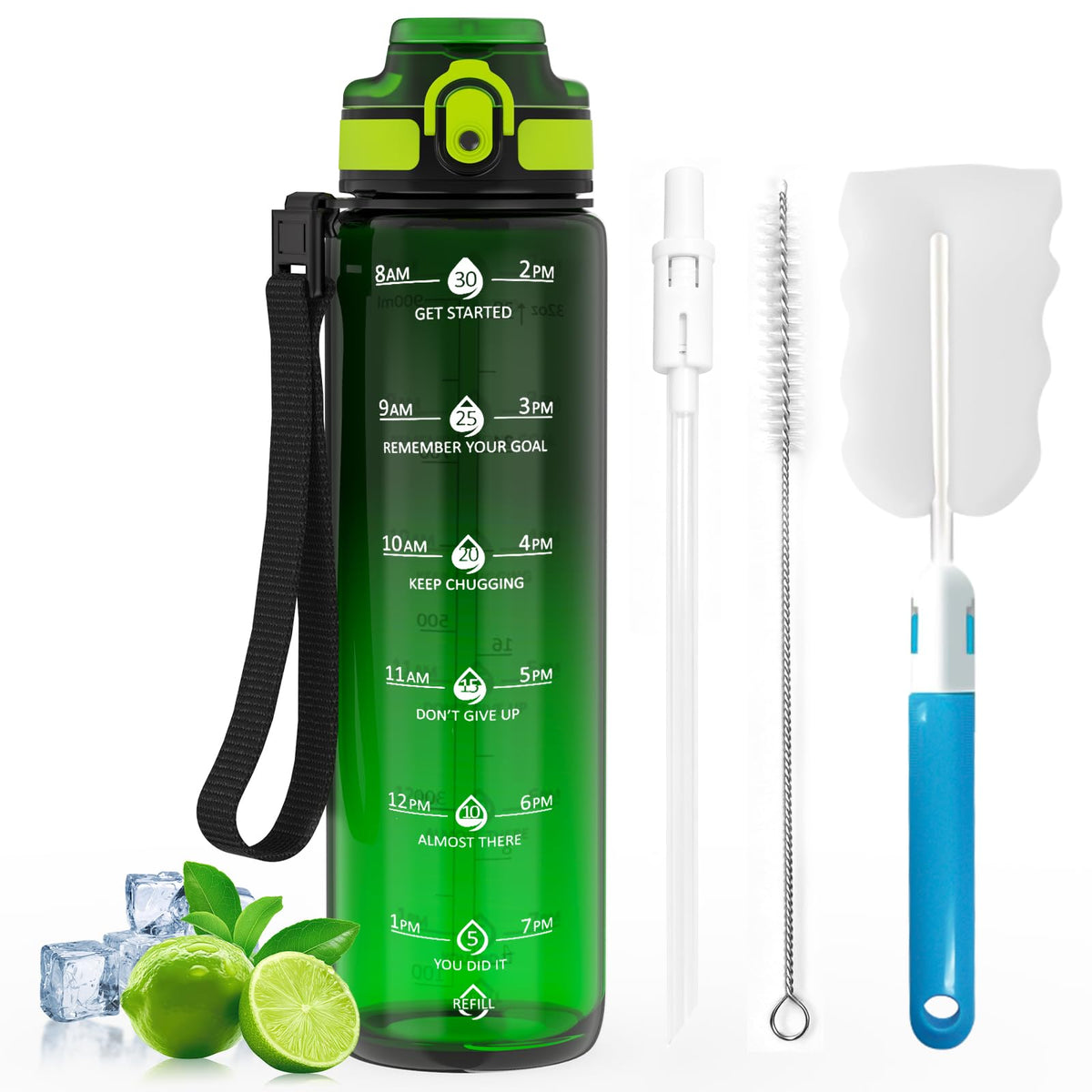 1L Water Bottle Made of BPA-Free Tritan Material, Sports Water Bottle with Removable Straw & Hydration Time Markerings, Ideal for Gym, Travel, Home, School and Outdoor Activities - Dusty-Blue