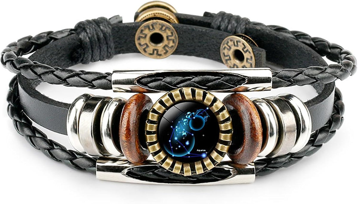 Constellation Black Braided Leather Bracelet Sagittarius Scorpio Pisces Braided Glass Dome Jewelry Punk Men's Bracelet