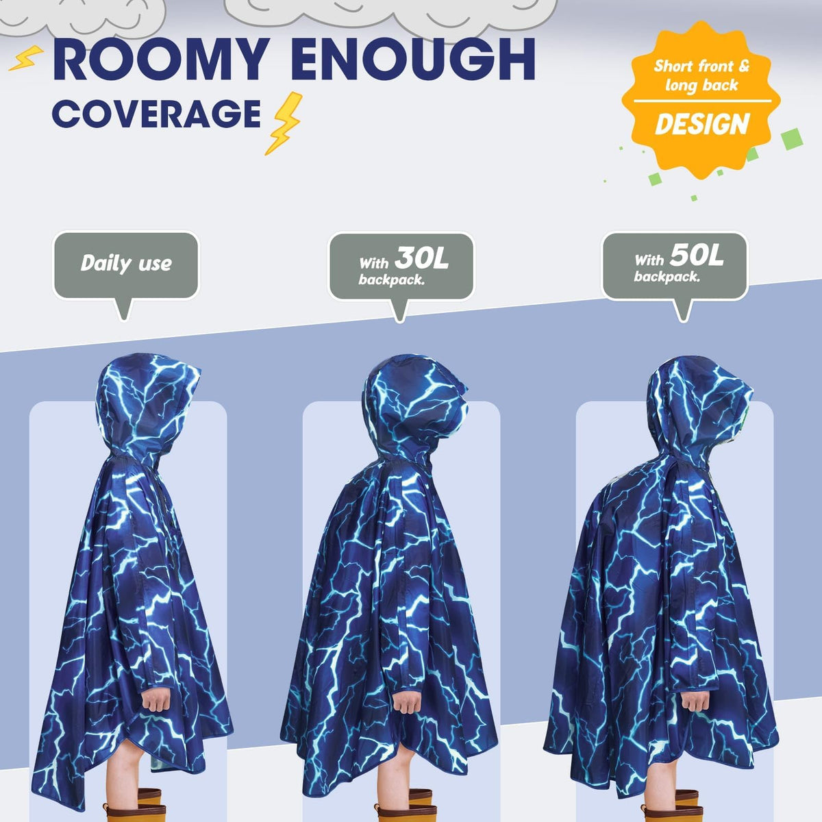 WAWSAM Kids Rain Poncho Waterproof Boys Girls Portable Raincoat Rain Jacket Lightweight Rainwear