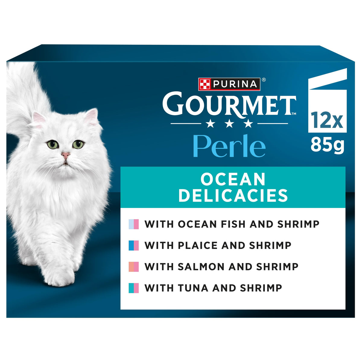 GOURMET Perle Ocean Collection Adult Wet Cat Food Mini Fillets in Gravy Tuna, Shrimp, Plaice, Salmon, White fish, Ocean Fish 40 x 85g Pouches