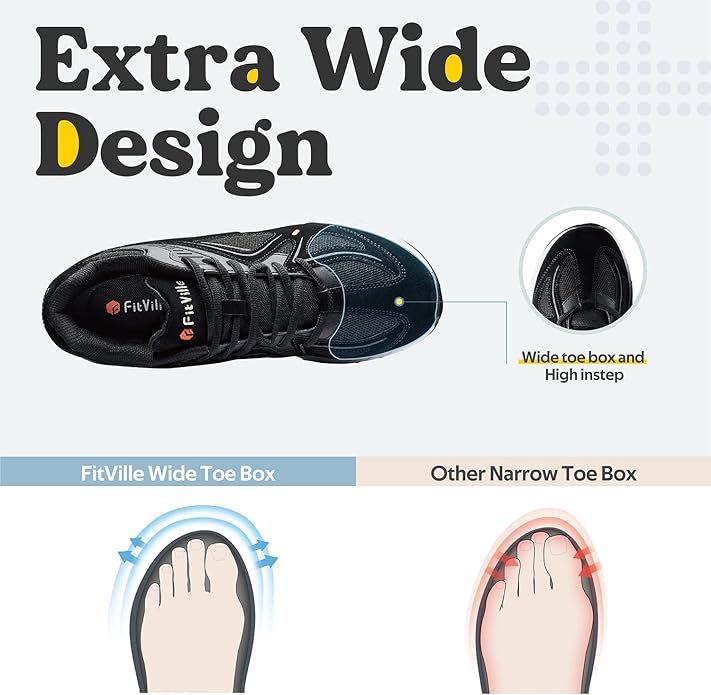 FitVille Mens Wide Fit Walking Shoes Extra Wide Arch Fit Heel Pain Relief