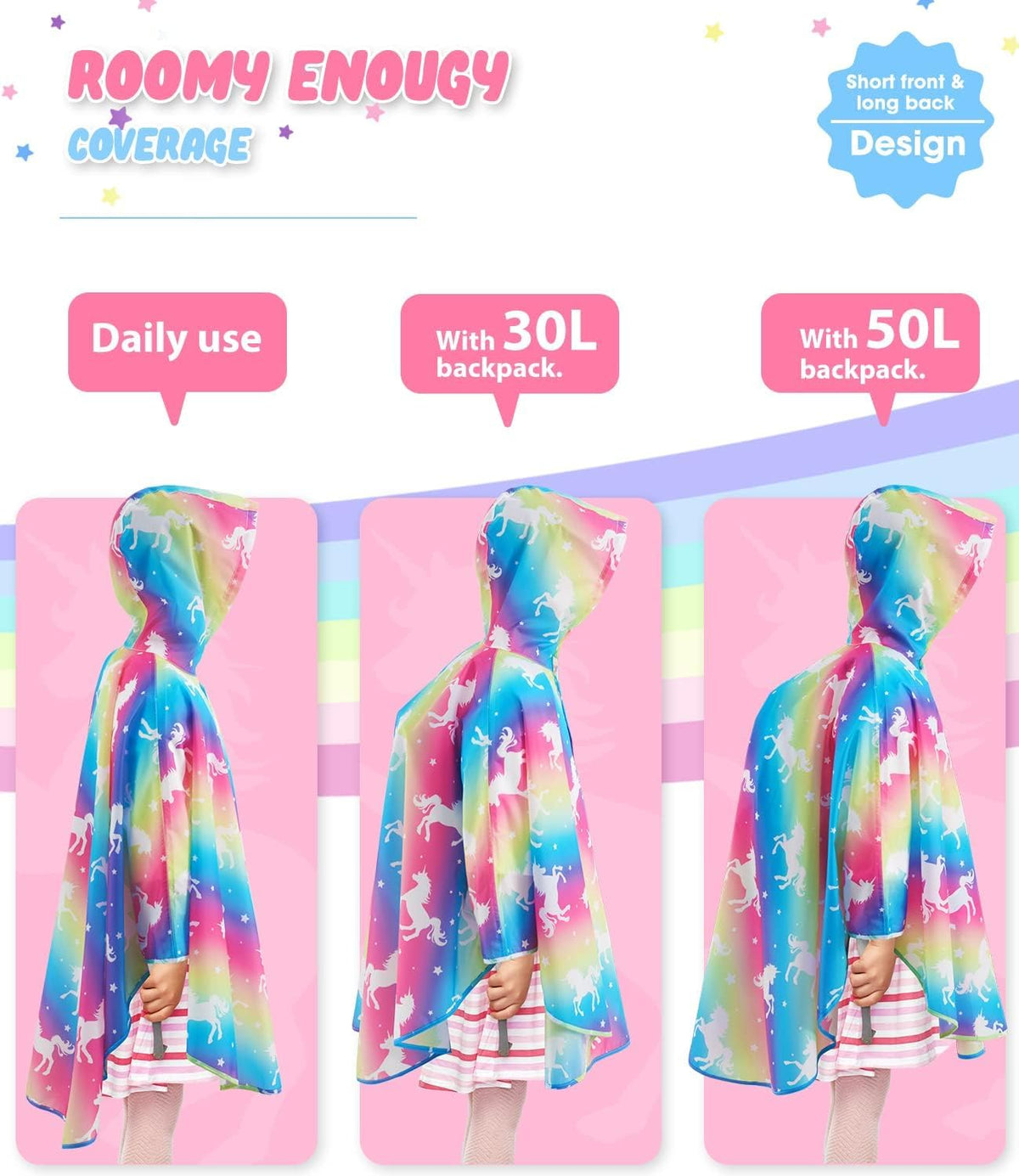 WAWSAM Kids Rain Poncho Waterproof Boys Girls Portable Raincoat Rain Jacket Lightweight Rainwear