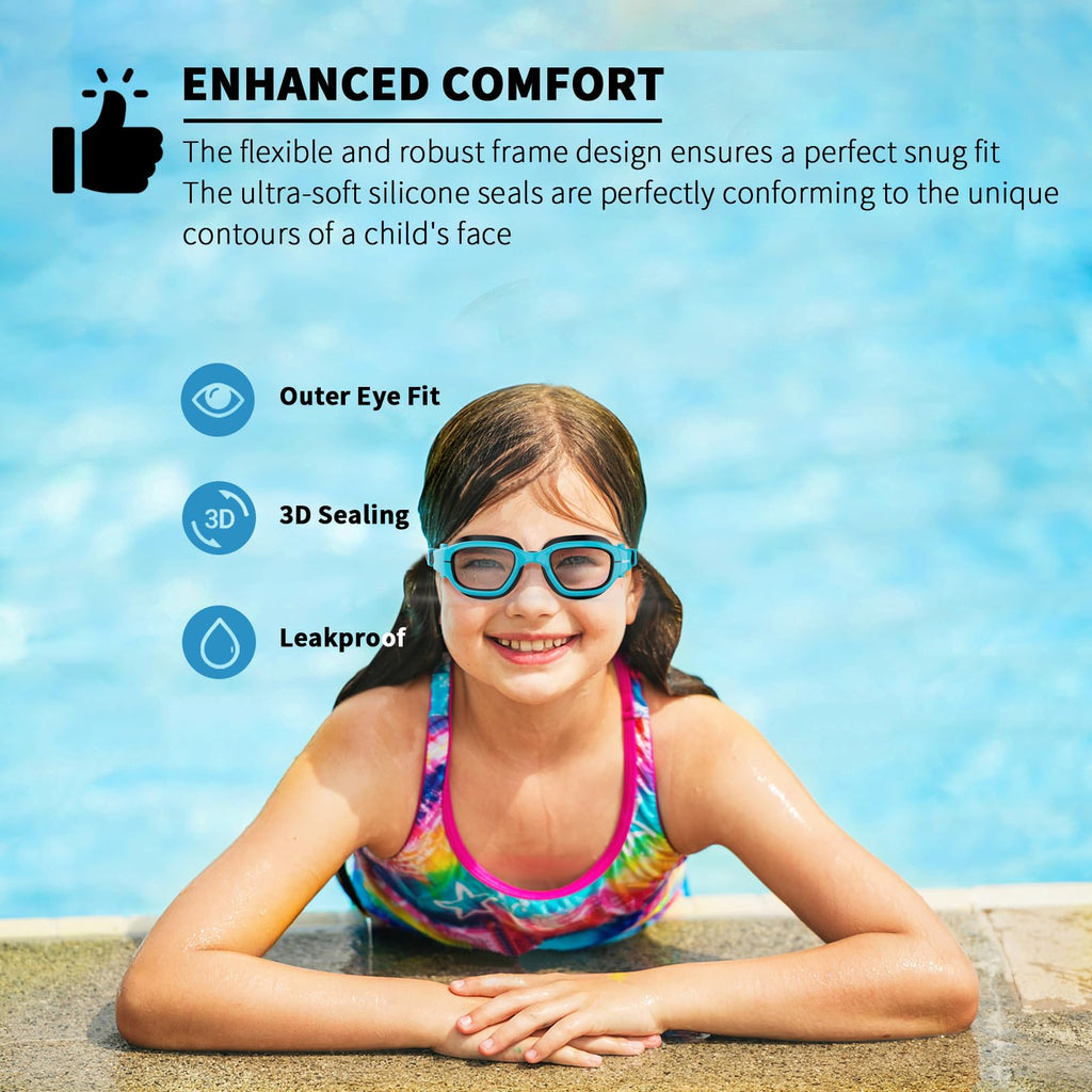 BEEWAY Kids Swimming Goggles for Boys Girls Age 6-14 Anti Fog & Leak Proof