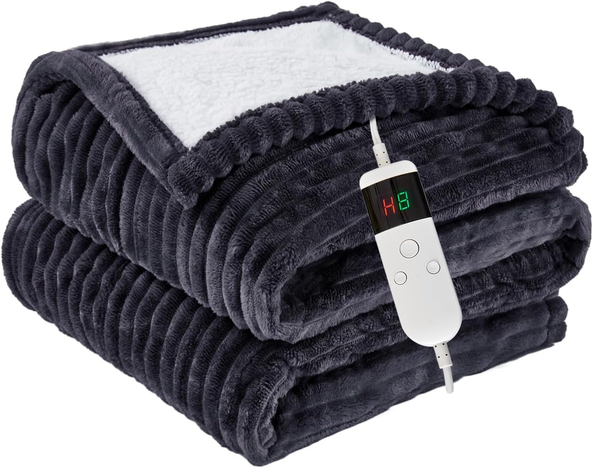 Heated Blanket Throw 130×160cm Electric Blanket, 10 Heating Settings, 1-8h Timer overheat Protection, Machine Washable, Flannel & Sherpa Full Body Warming, Electric Throw Blanket for Sofa