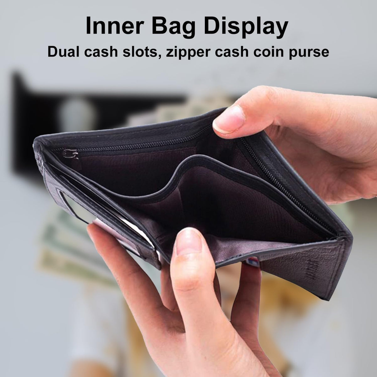 Real Leather Mens Trifold Wallet with RFID Blocking, Multiple Card Slots & ID Window, Zipper Coin Pocket for Secure Daily Commute and Travel, Black