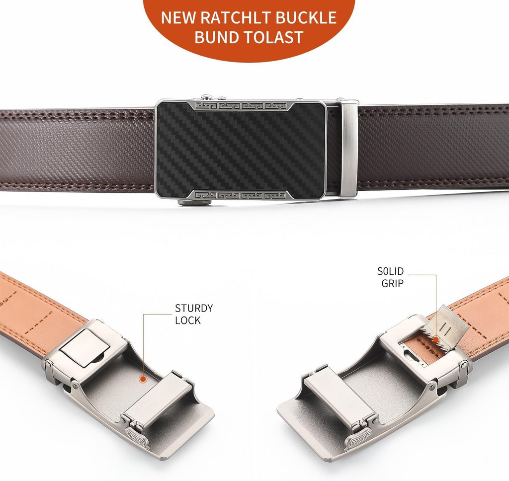 Men's Adjustable Leather Belt Strap & Zinc Alloy Automatic Ratchet Buckle, Customizable for Business Casual & Formal Wear