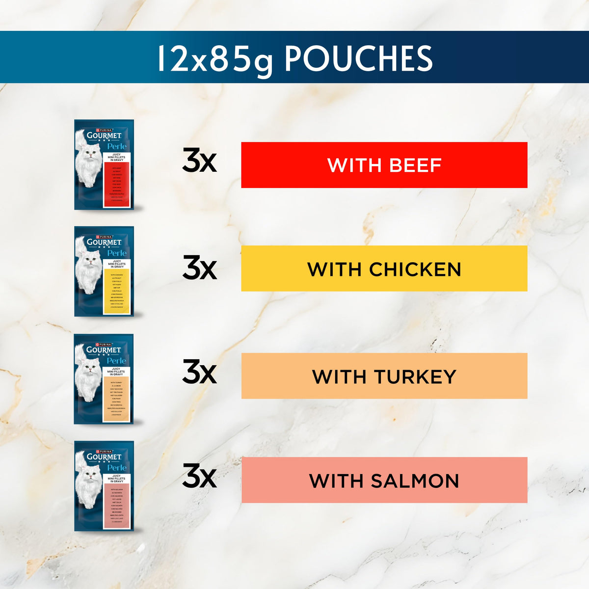 GOURMET Perle Ocean Collection Adult Wet Cat Food Mini Fillets in Gravy Tuna, Shrimp, Plaice, Salmon, White fish, Ocean Fish 40 x 85g Pouches