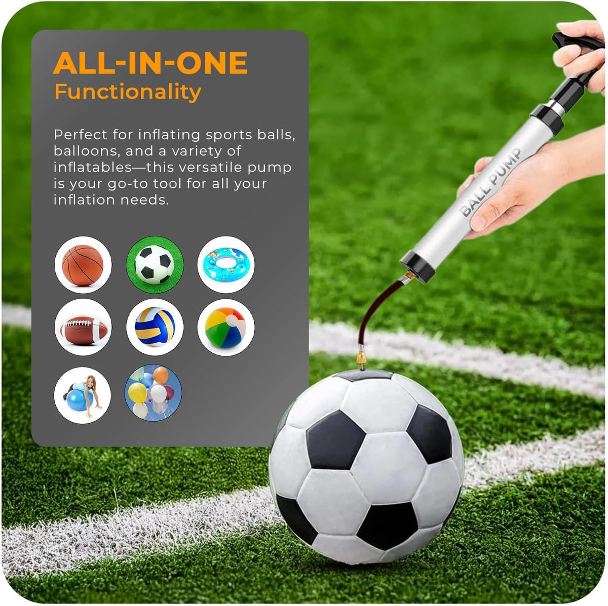 Active 100 Ball Pump with Needle - Football Pump with Nozzle & Extension Hose, for Basketball, Rugby Ball, Durable Aluminium-alloy Tube, Ergonomic Design, Fast Air Inflator