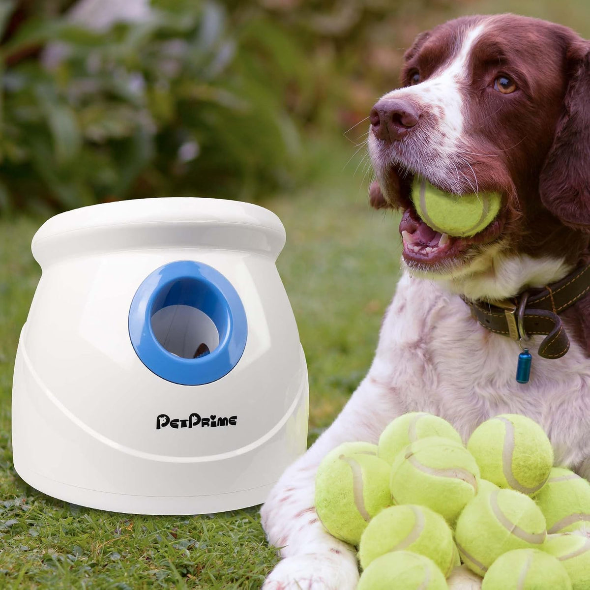 Pet Prime Automatic Dog Ball Launcher for Large Breed, Rechargeable Interactive Ball Thrower Toy with 10-40Ft, Fetch Machine with 6 Durable 2.5" Tennis Balls & Dog Whistle
