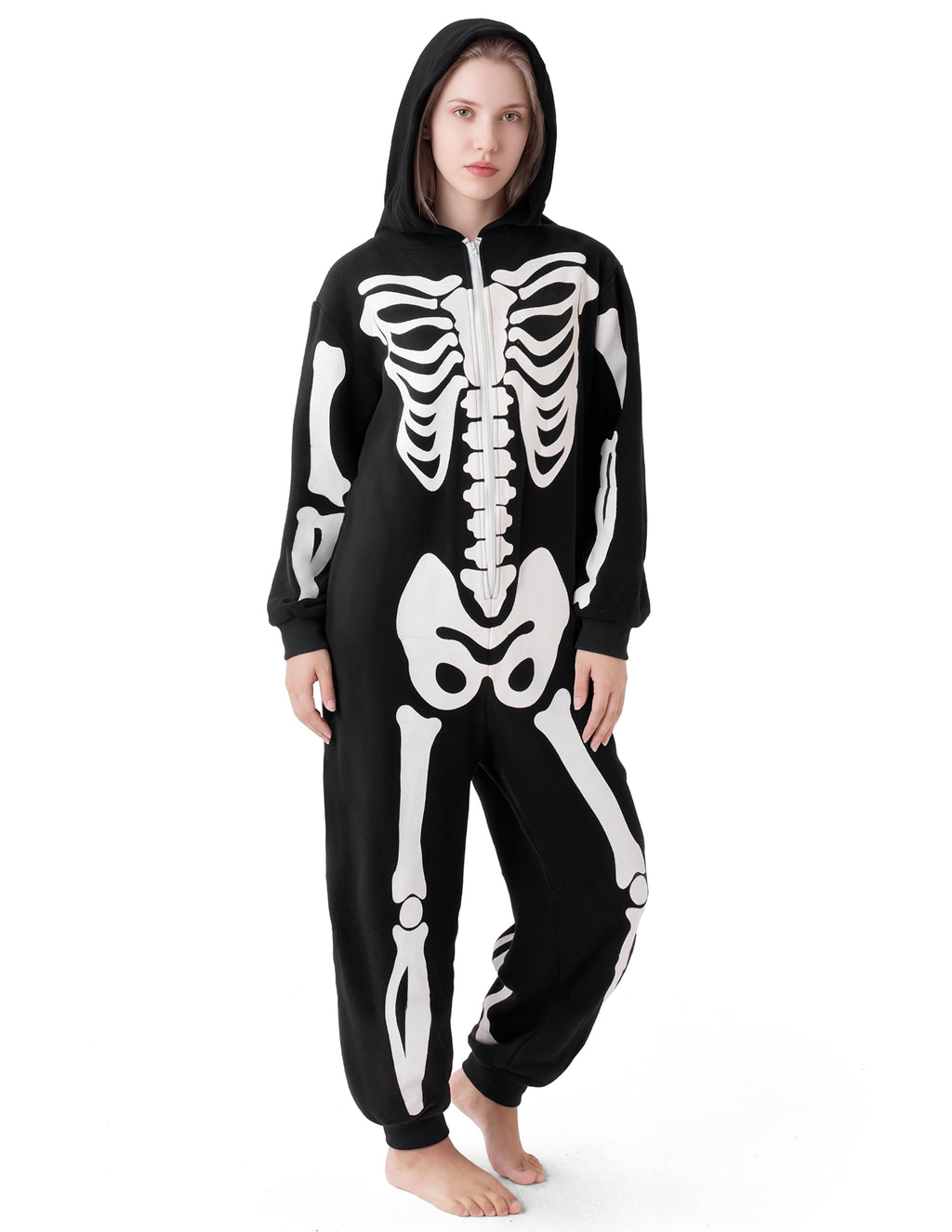 Spooktacular Creations Unisex Skeleton Jumpsuit - Plush Skeleton Zippered Halloween Hoody for Adult Sleepwear Costume
