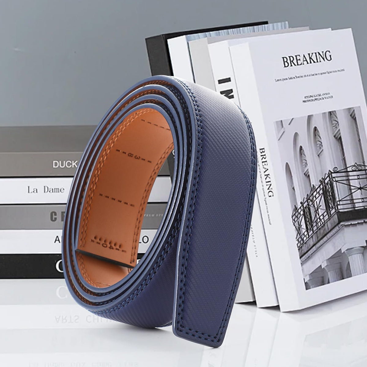 Men's Adjustable Leather Belt Strap & Zinc Alloy Automatic Ratchet Buckle, Customizable for Business Casual & Formal Wear