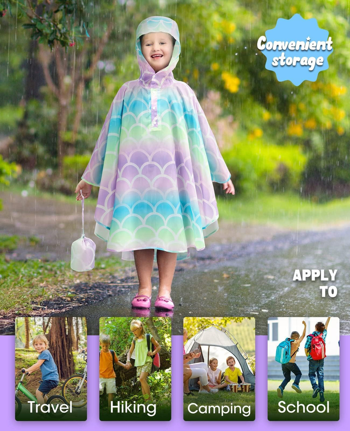 WAWSAM Kids Rain Poncho Waterproof Boys Girls Portable Raincoat Rain Jacket Lightweight Rainwear