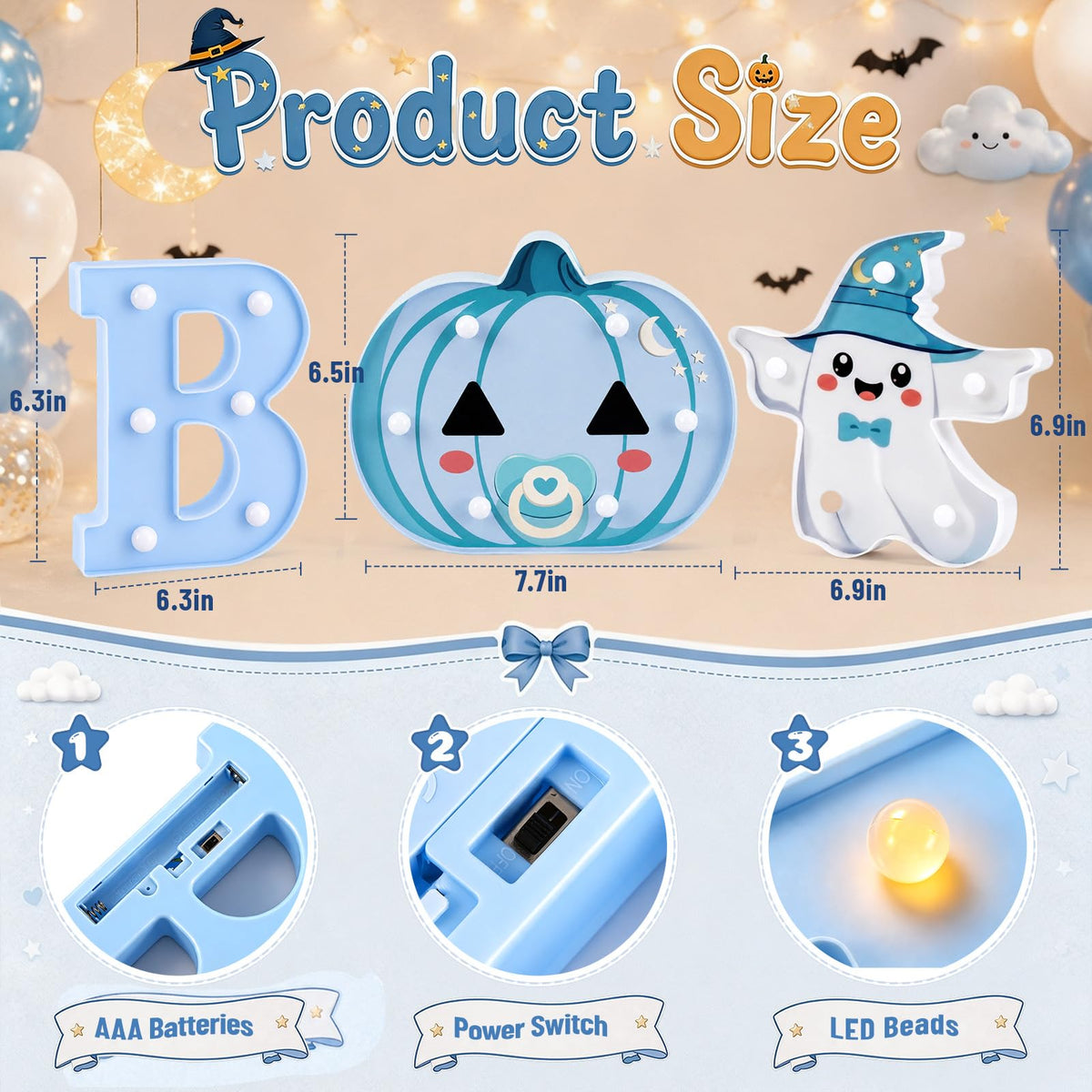 3 Pack 6.5 In Halloween Cute BOO Pumpkin Ghost Light up Letters Sign