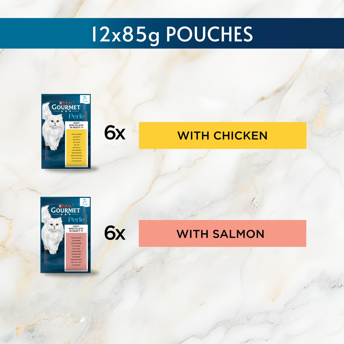 GOURMET Perle Ocean Collection Adult Wet Cat Food Mini Fillets in Gravy Tuna, Shrimp, Plaice, Salmon, White fish, Ocean Fish 40 x 85g Pouches