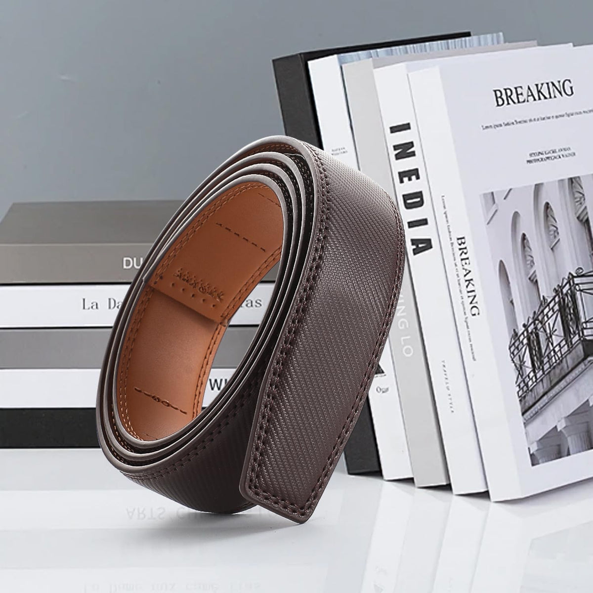 Men's Adjustable Leather Belt Strap & Zinc Alloy Automatic Ratchet Buckle, Customizable for Business Casual & Formal Wear