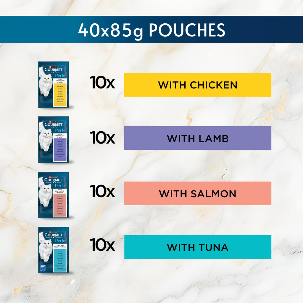 GOURMET Perle Ocean Collection Adult Wet Cat Food Mini Fillets in Gravy Tuna, Shrimp, Plaice, Salmon, White fish, Ocean Fish 40 x 85g Pouches
