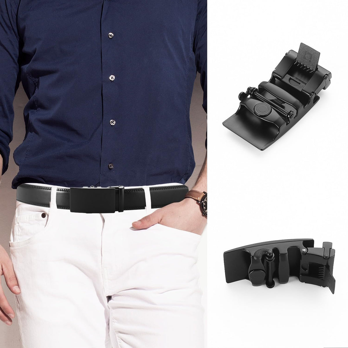 Men's Adjustable Leather Belt Strap & Zinc Alloy Automatic Ratchet Buckle, Customizable for Business Casual & Formal Wear
