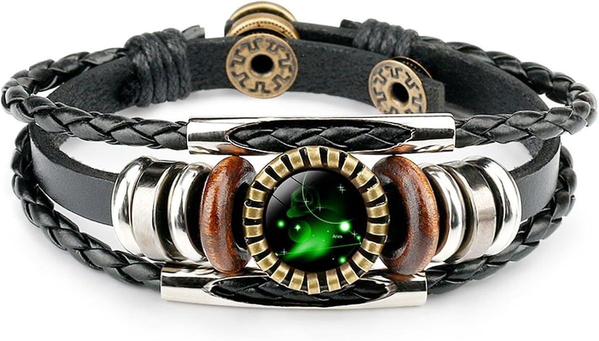 Constellation Black Braided Leather Bracelet Sagittarius Scorpio Pisces Braided Glass Dome Jewelry Punk Men's Bracelet