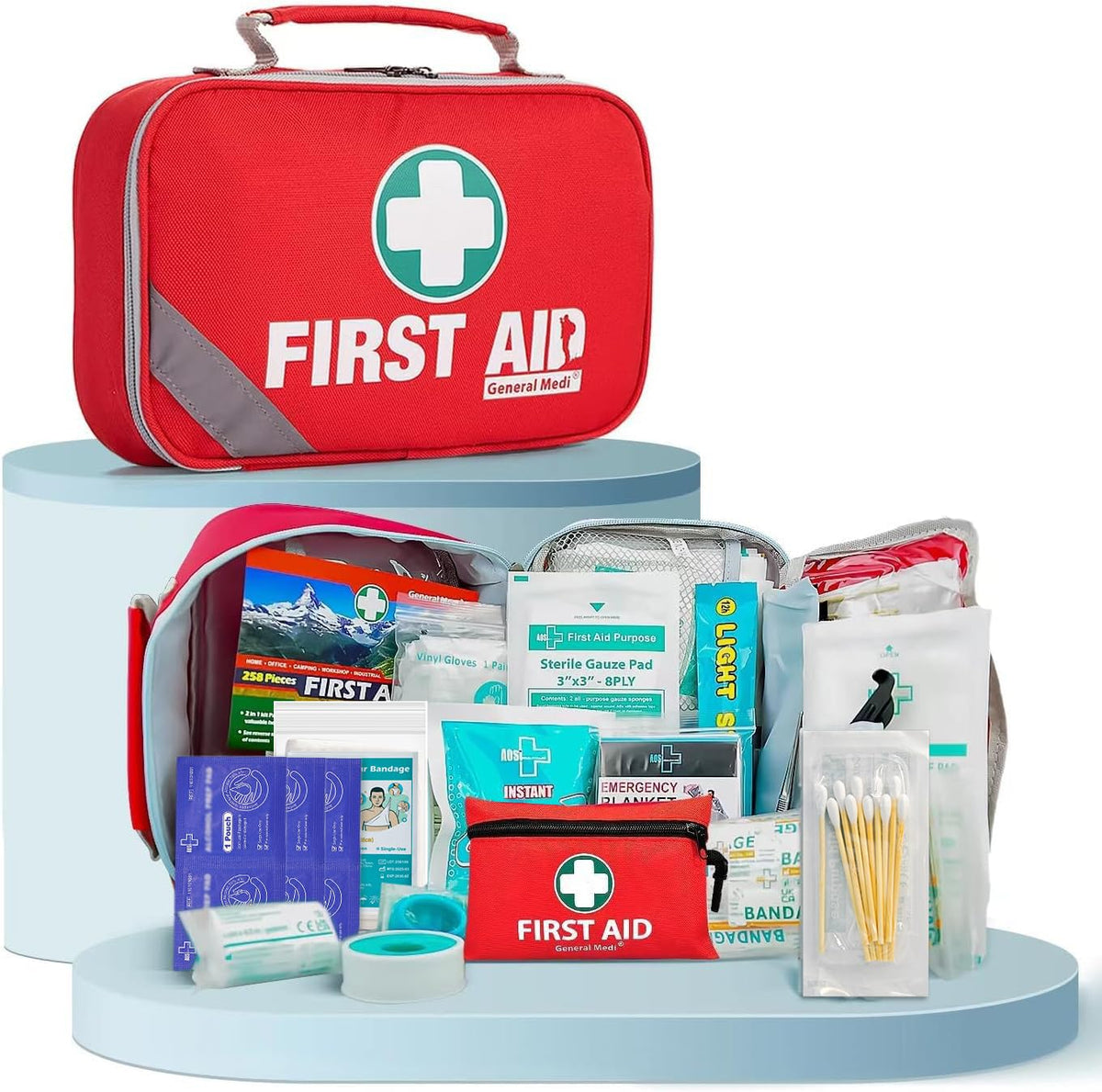General Medi Mini First Aid Kit, 92 Pieces Small First Aid Kit - Includes Emergency Foil Blanket, Scissors for Travel, Home, Office, Vehicle, Camping, Workplace & Outdoor (Red)