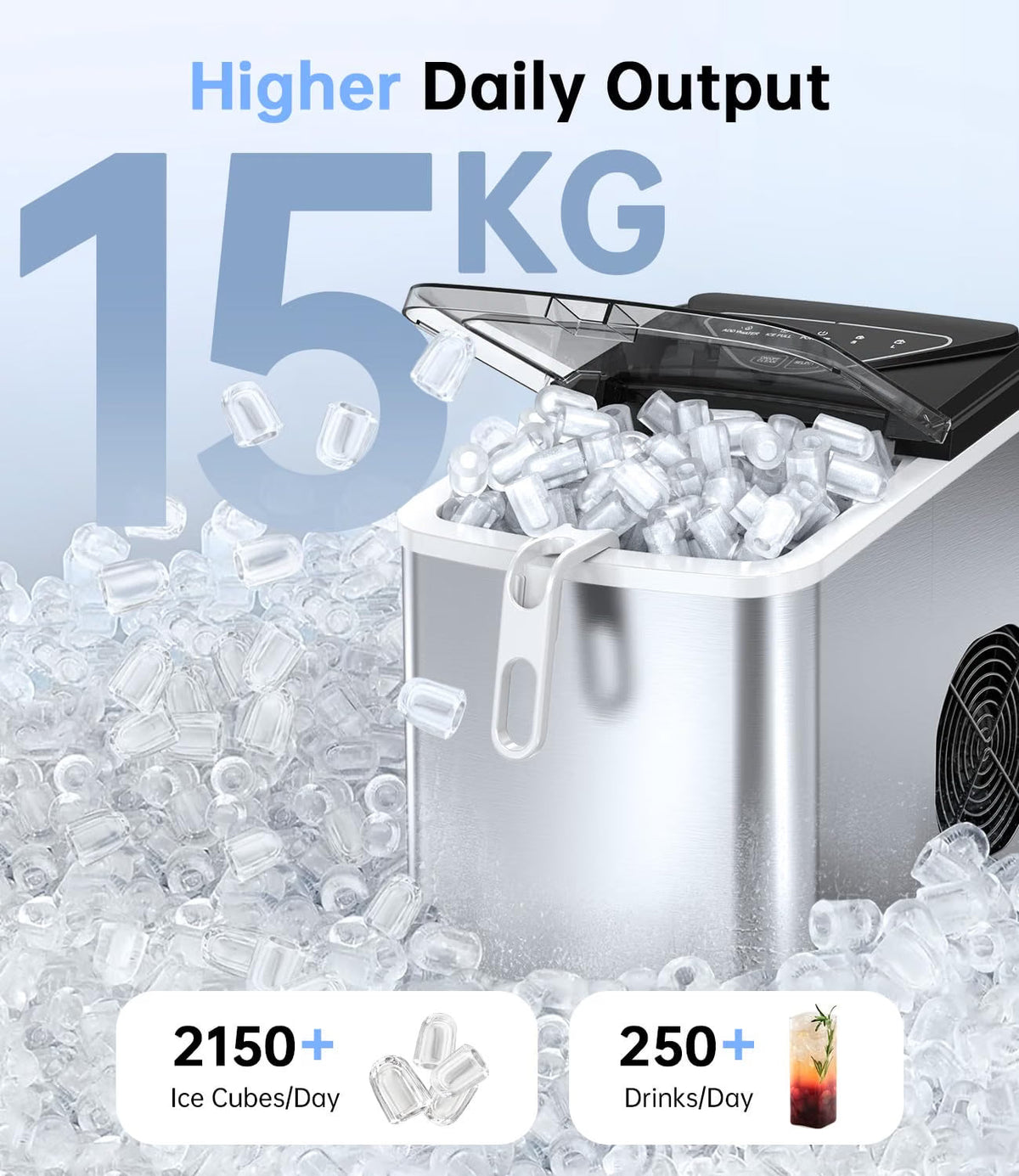 Ice Maker Machine 15KG/24H 6 Min Fast Ice 2L Water Tank Countertop WIE Portable