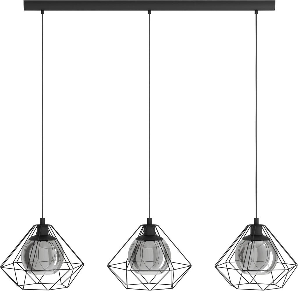 Pendant Light 3 Light Vintage Industrial Smoked Glass E27 Black Eglo Vernham