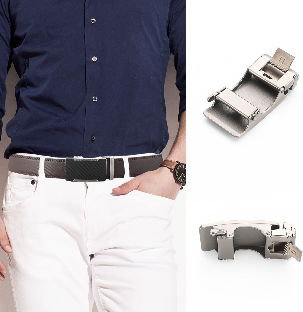 Men's Adjustable Leather Belt Strap & Zinc Alloy Automatic Ratchet Buckle, Customizable for Business Casual & Formal Wear