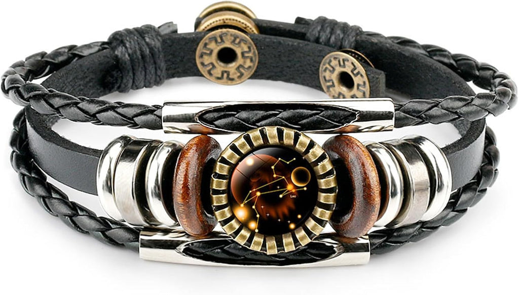 Constellation Black Braided Leather Bracelet Sagittarius Scorpio Pisces Braided Glass Dome Jewelry Punk Men's Bracelet