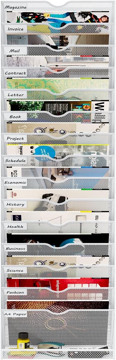 Wall Magazine File Organizer 16 Tier A4 Document Holder White Office Storage Rack