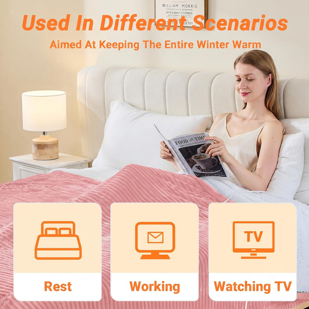 Heated Blanket Throw 130×160cm Electric Blanket, 10 Heating Settings, 1-8h Timer overheat Protection, Machine Washable, Flannel & Sherpa Full Body Warming, Electric Throw Blanket for Sofa