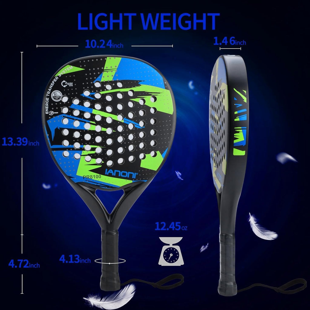 ianoni Padel Racket Carbon Fiber Surface with EVA Memory Flex Foam Core Paddle Tennis Racquets -8100-blue and green